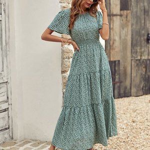 Ditsy Floral Print Shirred Waist Ruffle Hem Dress